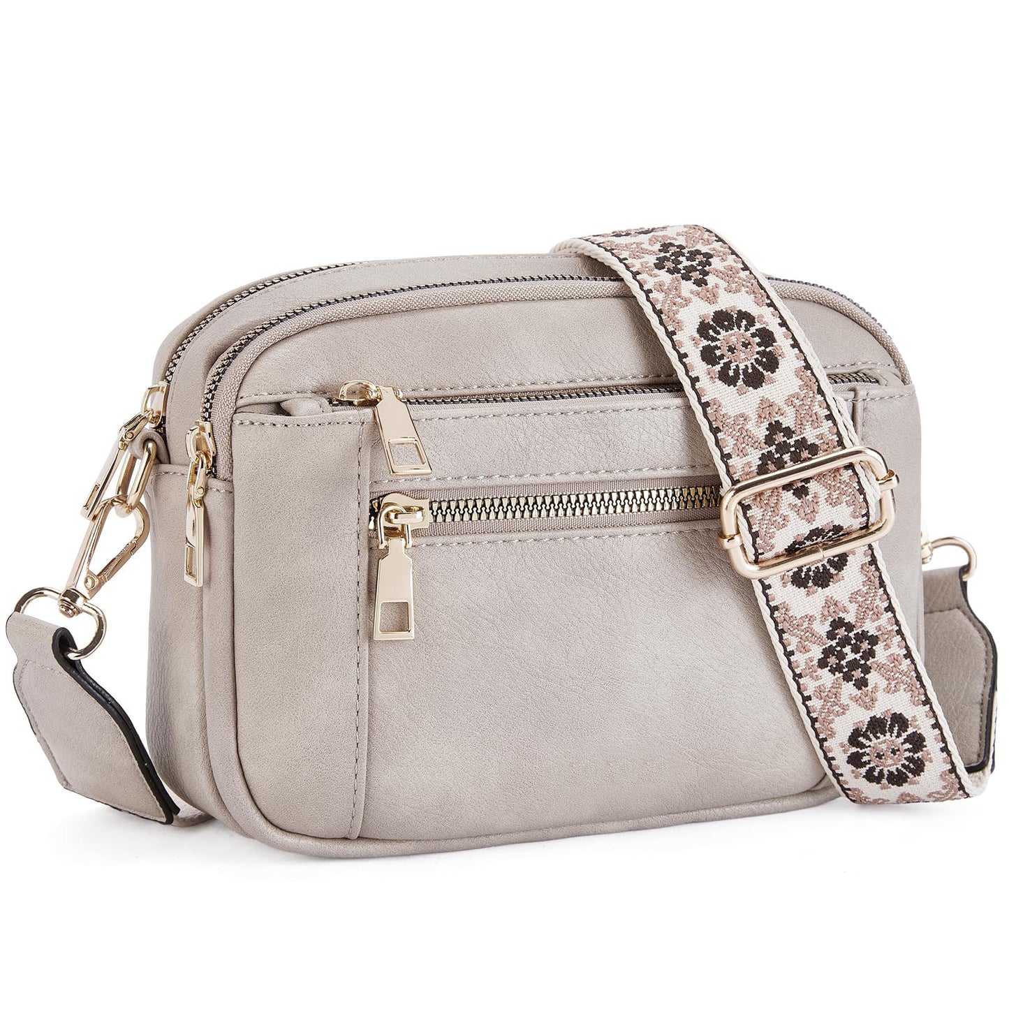Triple-Zipper Women’s Shoulder Bag – Floral Strap Colorblock Crossbody