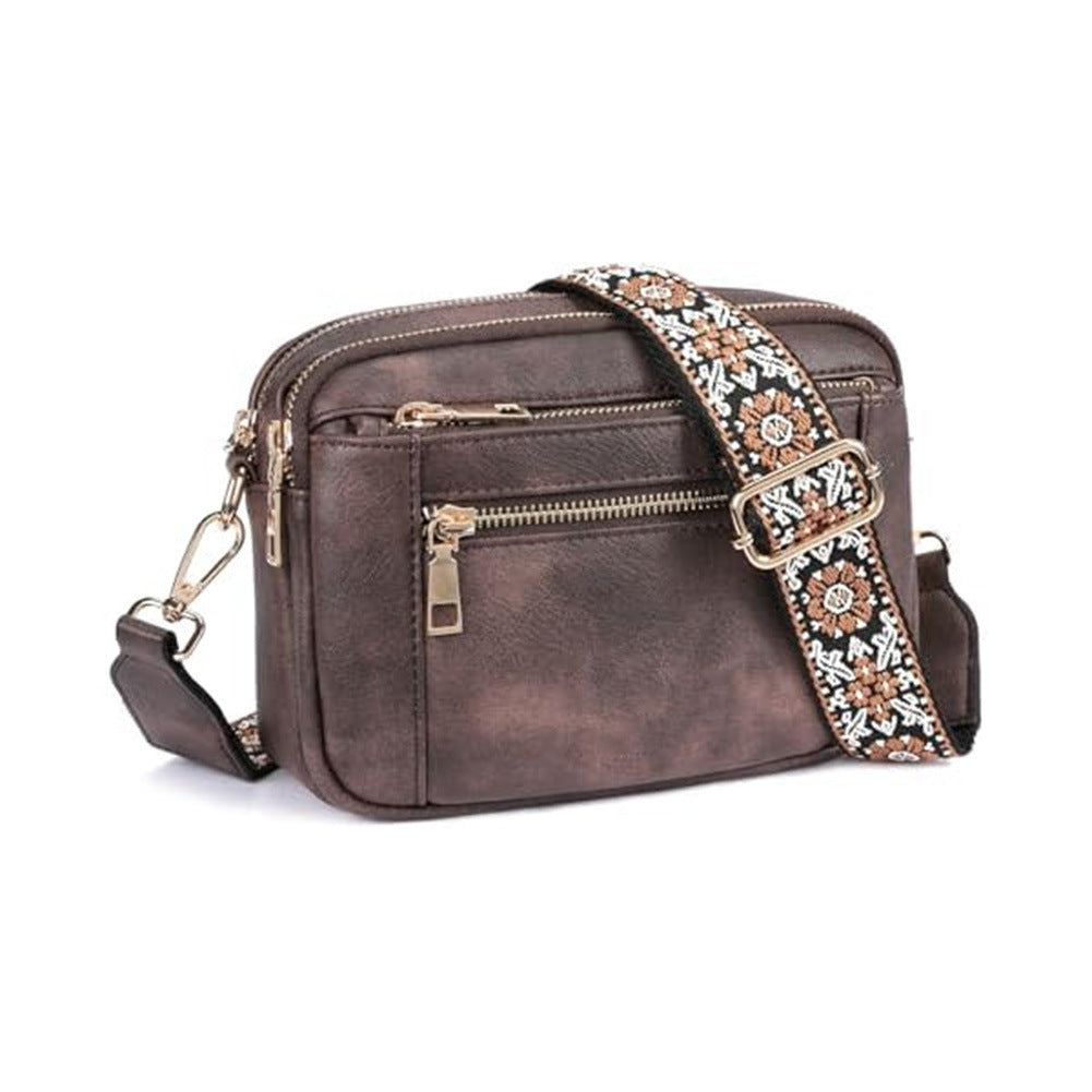 Triple-Zipper Women’s Shoulder Bag – Floral Strap Colorblock Crossbody