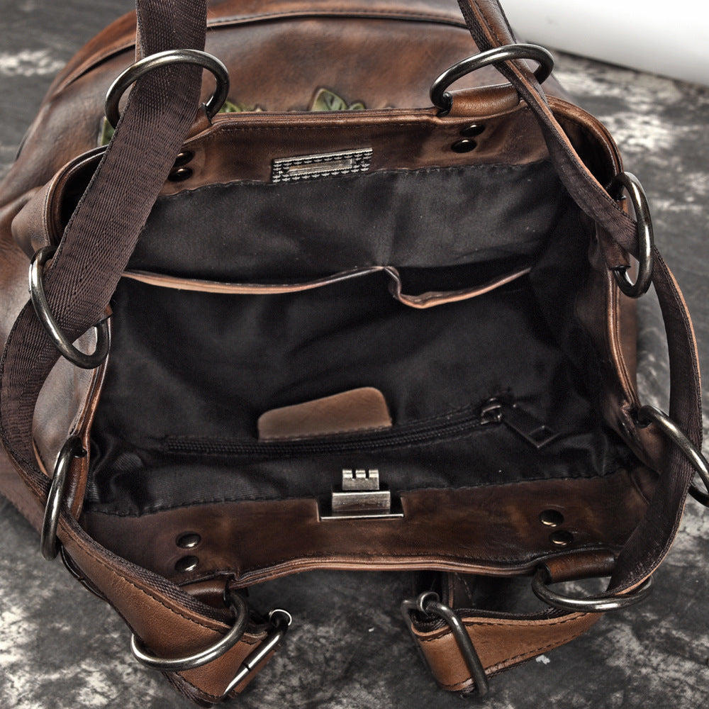 Women's Vintage Leather Backpack – Genuine Cowhide, Retro Bucket Style