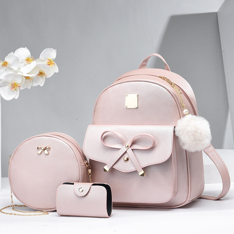 3-Piece Set – Cute PU Leather Bow Backpack with Crossbody & Coin Purse