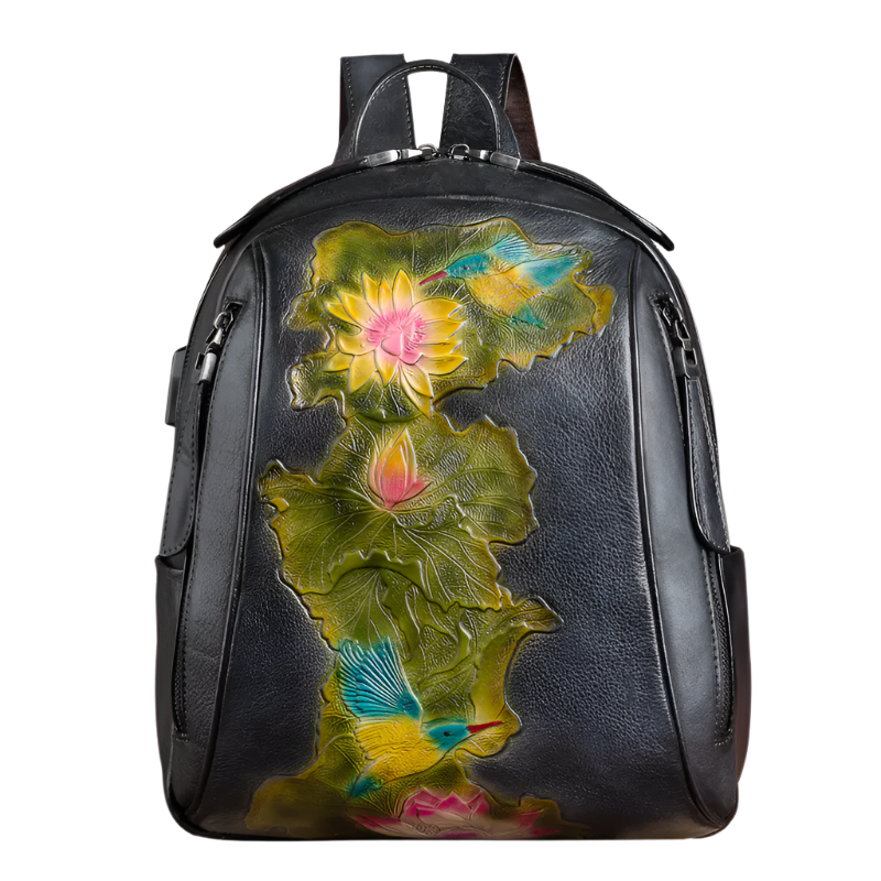 Vintage Leather Backpack with USB Port – Women's Large Capacity Embossed Bag