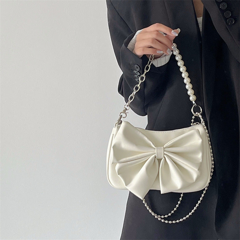 Small PU Bow Shoulder Bag – Pearl Chain Women’s Underarm Purse