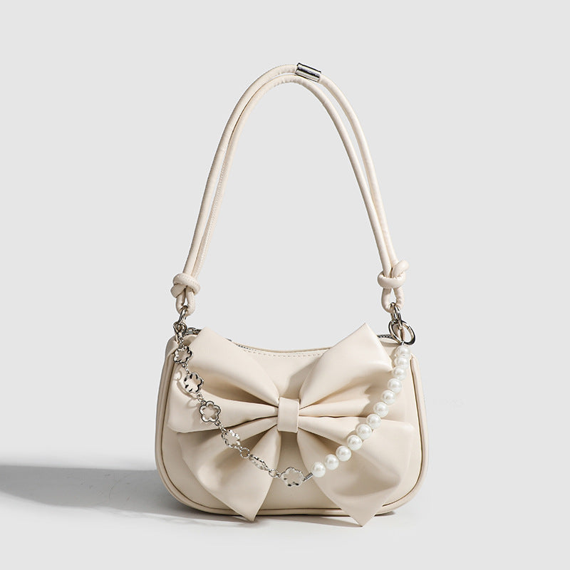 Small PU Bow Shoulder Bag – Pearl Chain Women’s Underarm Purse
