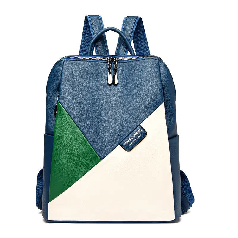 Colorblock Leather Backpack – Trendy Large Capacity Bag for Women