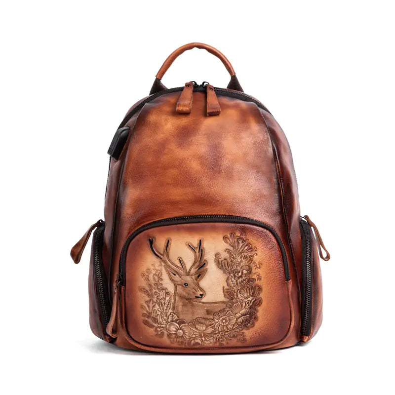 Personalized Retro Cowhide Deer Head Backpack – Vintage Leather Statement Bag