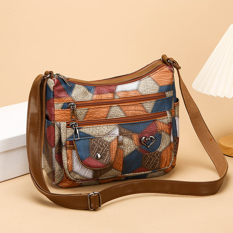Casual Patchwork PU Leather Shoulder Bag for Women – Retro All-Match Style