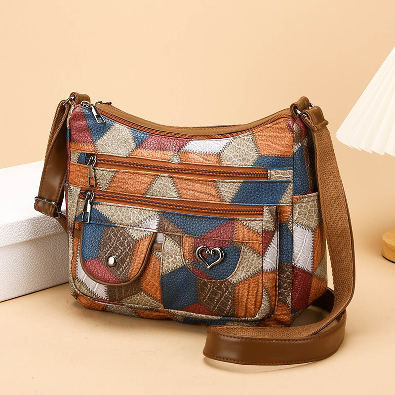 Casual Patchwork PU Leather Shoulder Bag for Women – Retro All-Match Style