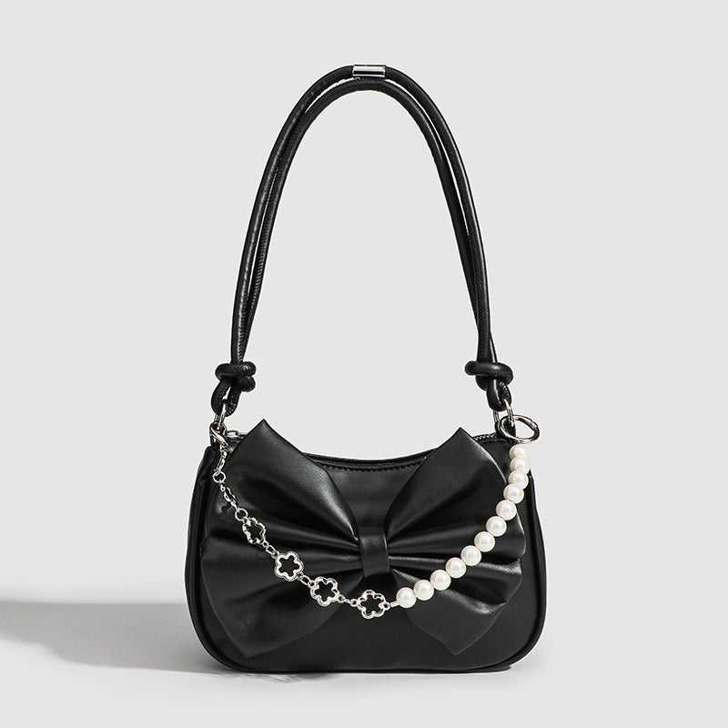 Small PU Bow Shoulder Bag – Pearl Chain Women’s Underarm Purse