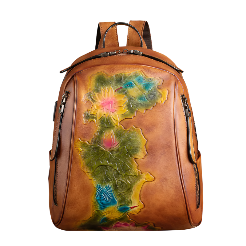 Vintage Leather Backpack with USB Port – Women's Large Capacity Embossed Bag