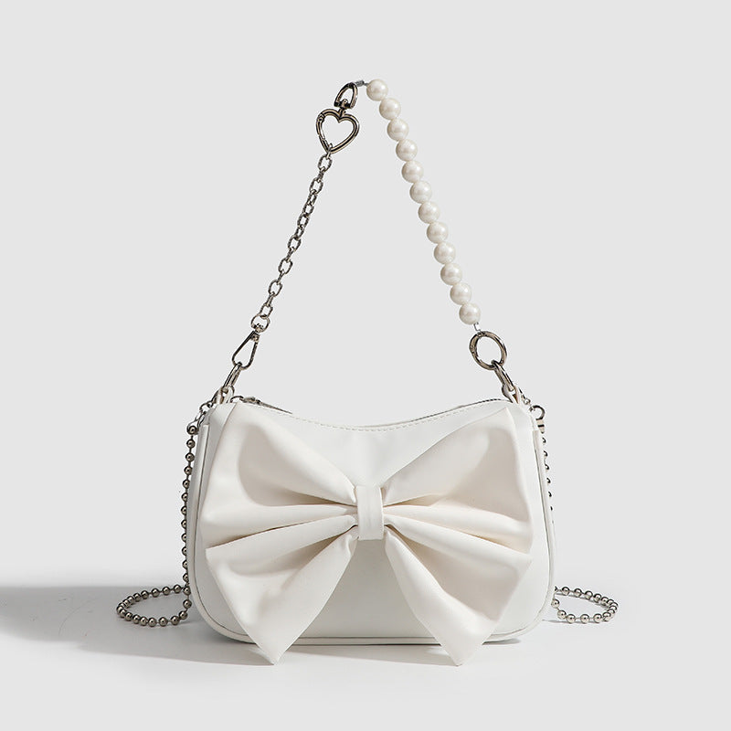 Small PU Bow Shoulder Bag – Pearl Chain Women’s Underarm Purse