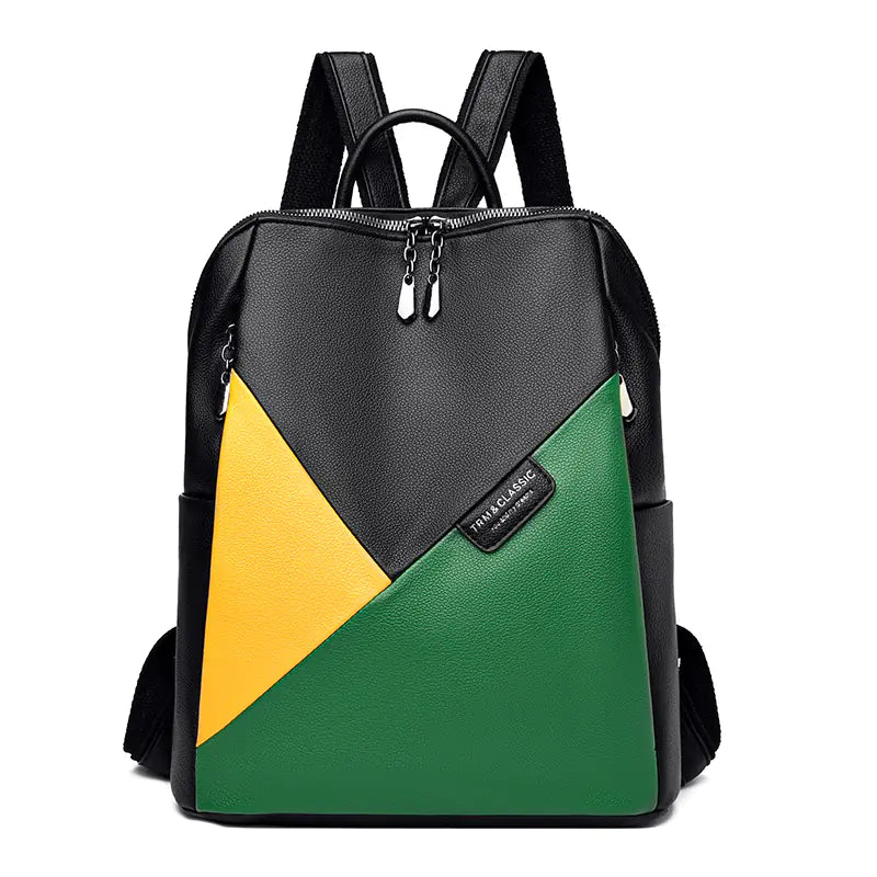 Colorblock Leather Backpack – Trendy Large Capacity Bag for Women