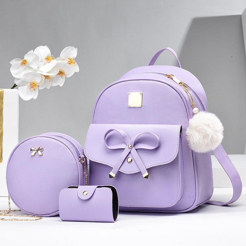3-Piece Set – Cute PU Leather Bow Backpack with Crossbody & Coin Purse