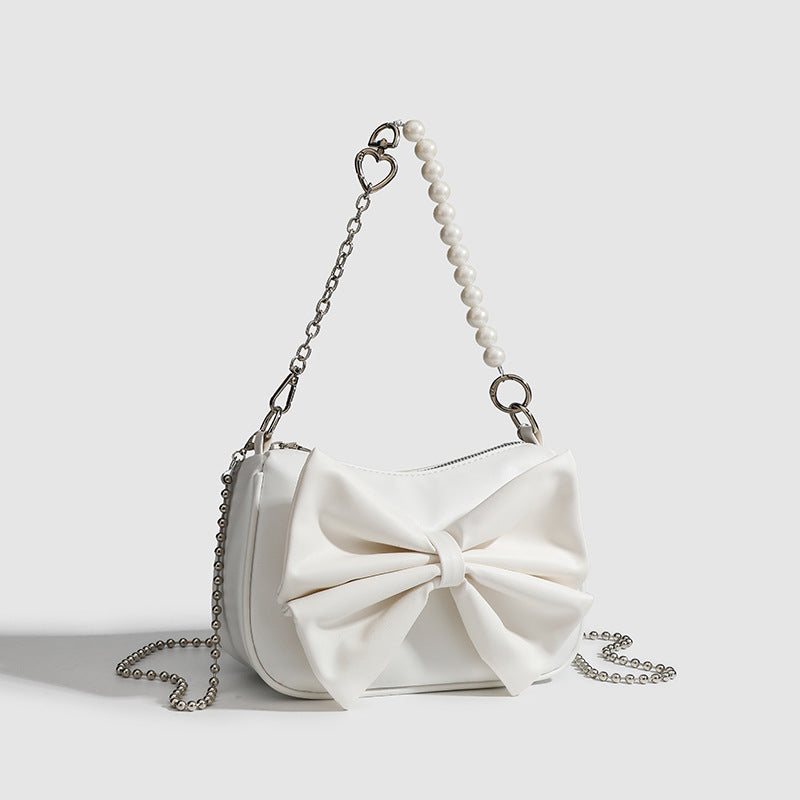 Small PU Bow Shoulder Bag – Pearl Chain Women’s Underarm Purse