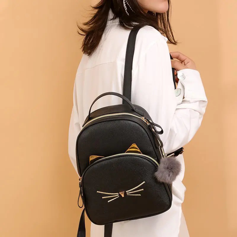 Cute Cartoon Cat Women’s Leather Backpack – Fun & Stylish Daypack