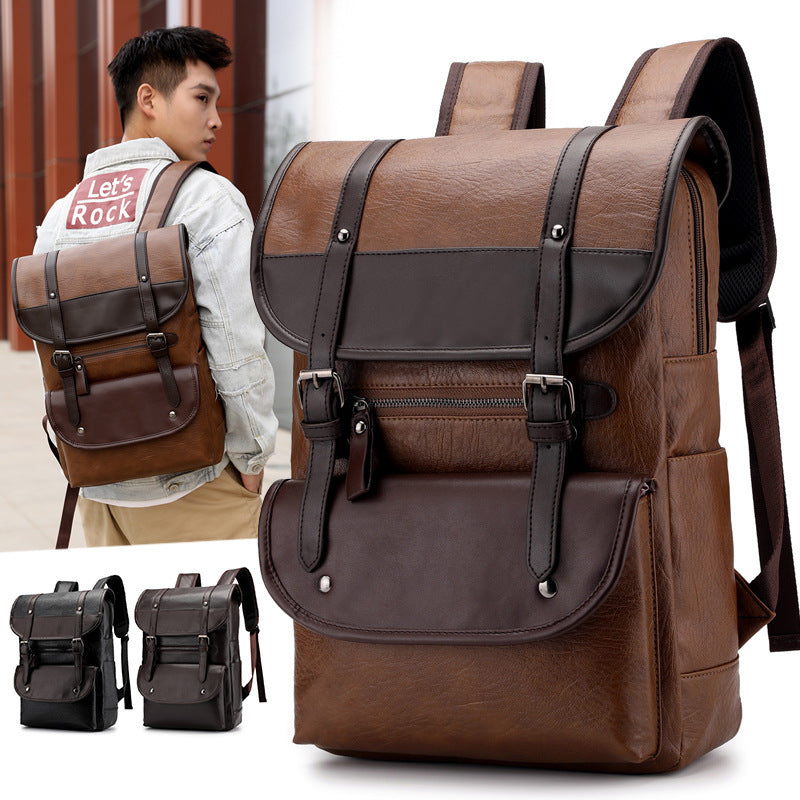 Waterproof PU Leather Student Backpack – 19" Laptop Bag with Belt Design