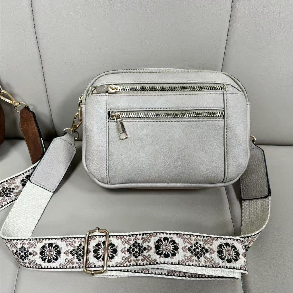 Triple-Zipper Women’s Shoulder Bag – Floral Strap Colorblock Crossbody