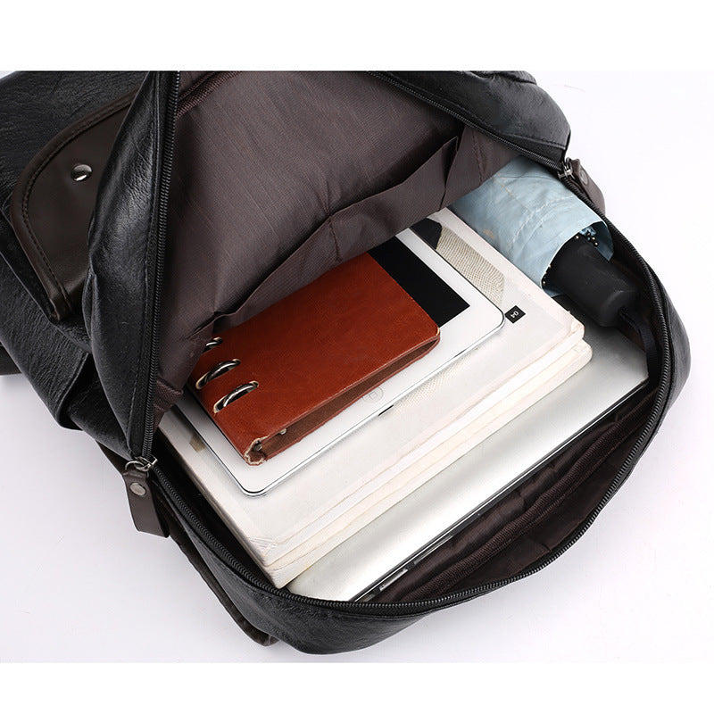 Waterproof PU Leather Student Backpack – 19" Laptop Bag with Belt Design