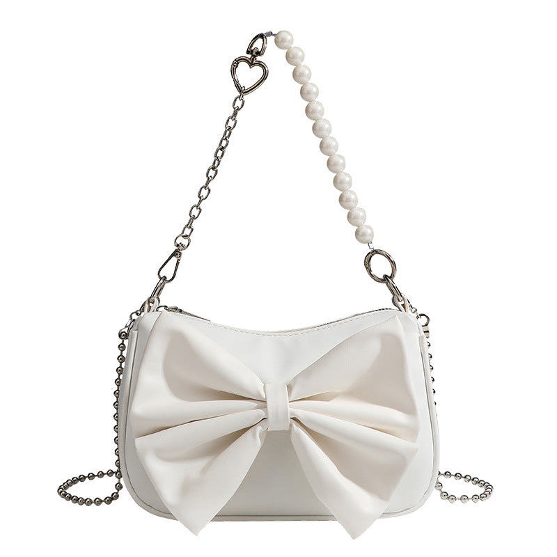 Small PU Bow Shoulder Bag – Pearl Chain Women’s Underarm Purse
