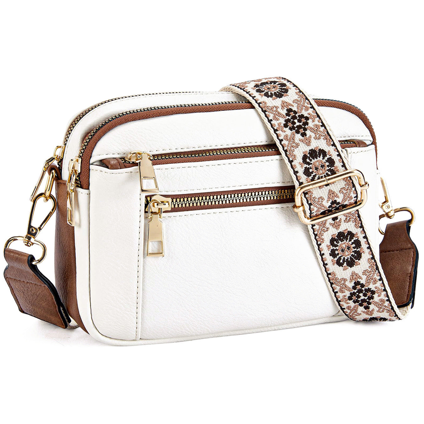Triple-Zipper Women’s Shoulder Bag – Floral Strap Colorblock Crossbody