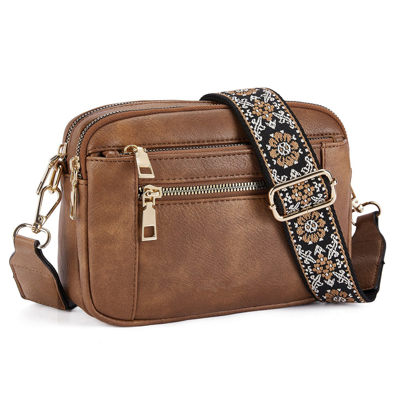 Triple-Zipper Women’s Shoulder Bag – Floral Strap Colorblock Crossbody