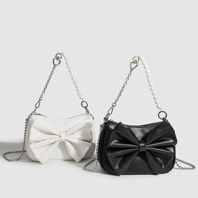 Small PU Bow Shoulder Bag – Pearl Chain Women’s Underarm Purse