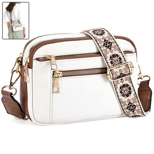 Triple-Zipper Women’s Shoulder Bag – Floral Strap Colorblock Crossbody