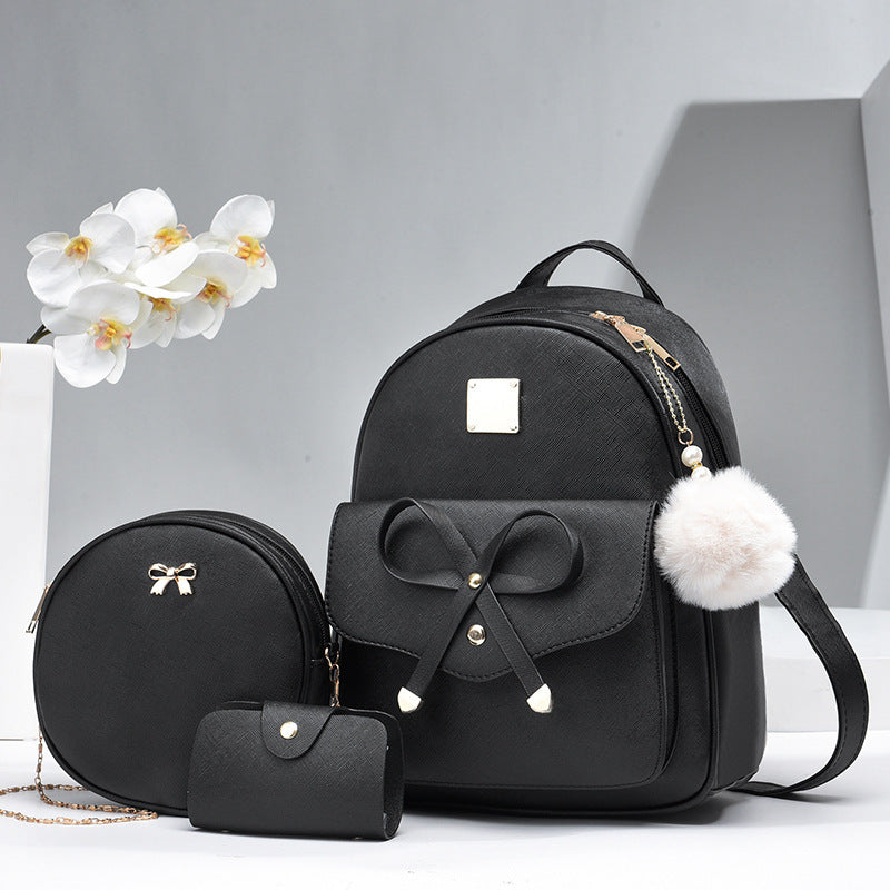 3-Piece Set – Cute PU Leather Bow Backpack with Crossbody & Coin Purse