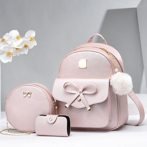 3-Piece Set – Cute PU Leather Bow Backpack with Crossbody & Coin Purse