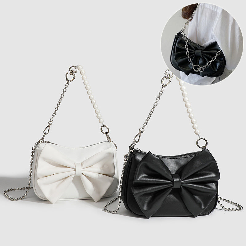 Small PU Bow Shoulder Bag – Pearl Chain Women’s Underarm Purse