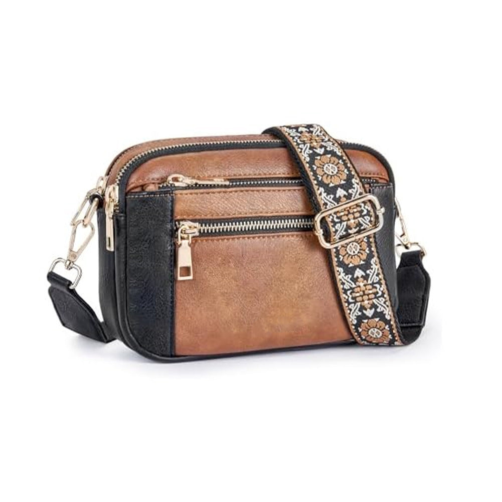 Triple-Zipper Women’s Shoulder Bag – Floral Strap Colorblock Crossbody