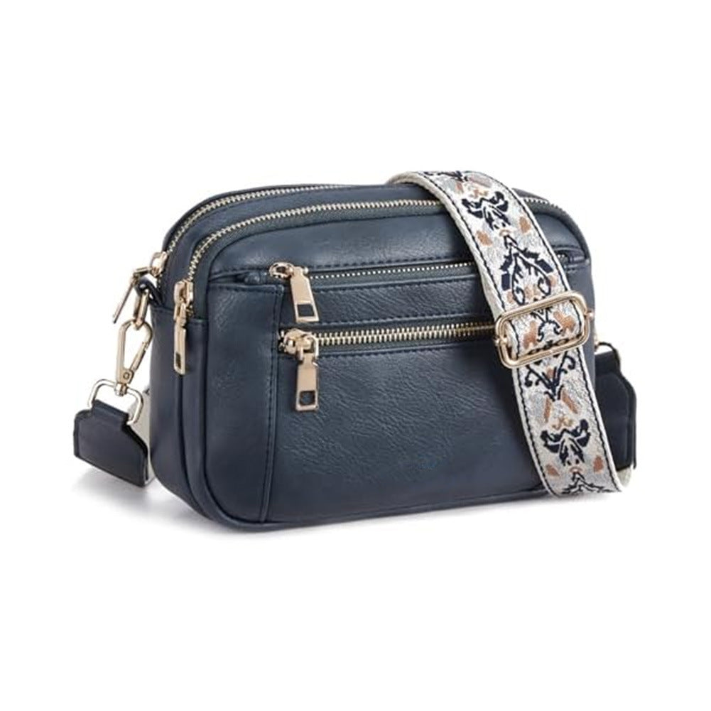 Triple-Zipper Women’s Shoulder Bag – Floral Strap Colorblock Crossbody