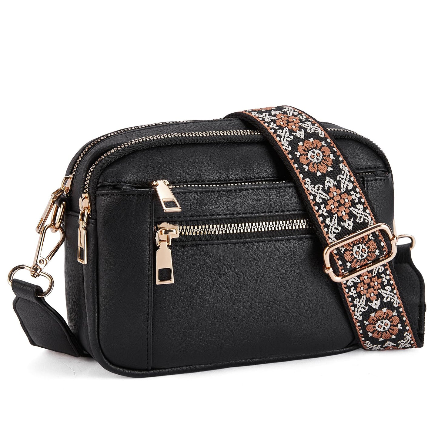 Triple-Zipper Women’s Shoulder Bag – Floral Strap Colorblock Crossbody