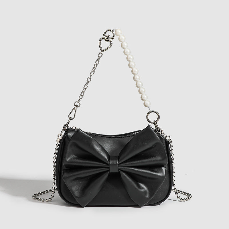 Small PU Bow Shoulder Bag – Pearl Chain Women’s Underarm Purse