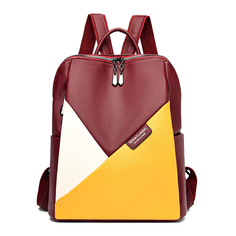 Colorblock Leather Backpack – Trendy Large Capacity Bag for Women