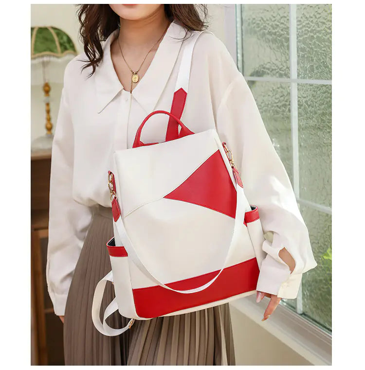 Stylish Color-Block Backpack – Lightweight Dual-Use Travel Bag for Women