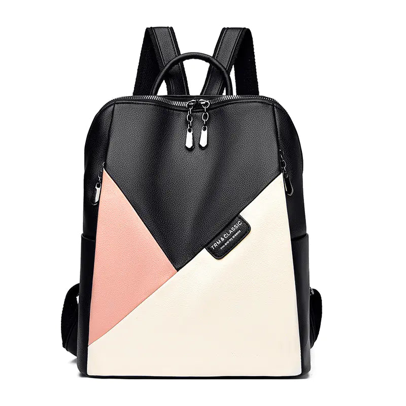 Colorblock Leather Backpack – Trendy Large Capacity Bag for Women