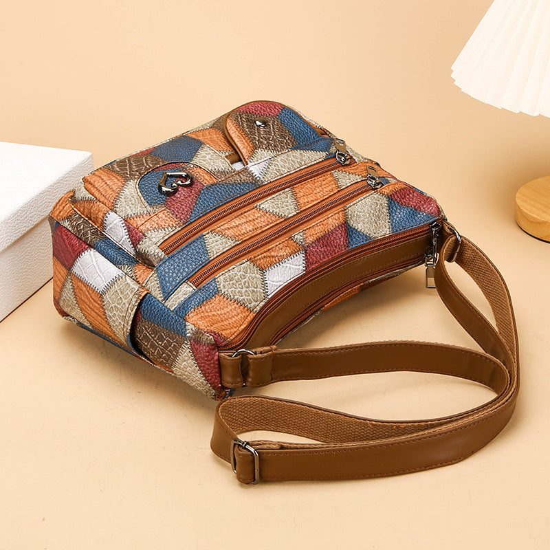 Casual Patchwork PU Leather Shoulder Bag for Women – Retro All-Match Style