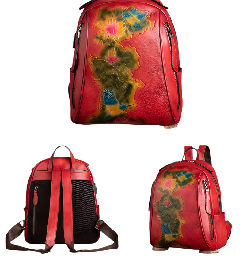 Vintage Leather Backpack with USB Port – Women's Large Capacity Embossed Bag