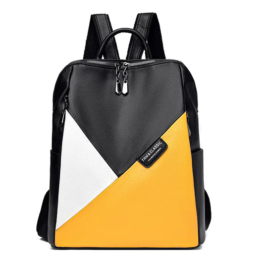 Colorblock Leather Backpack – Trendy Large Capacity Bag for Women