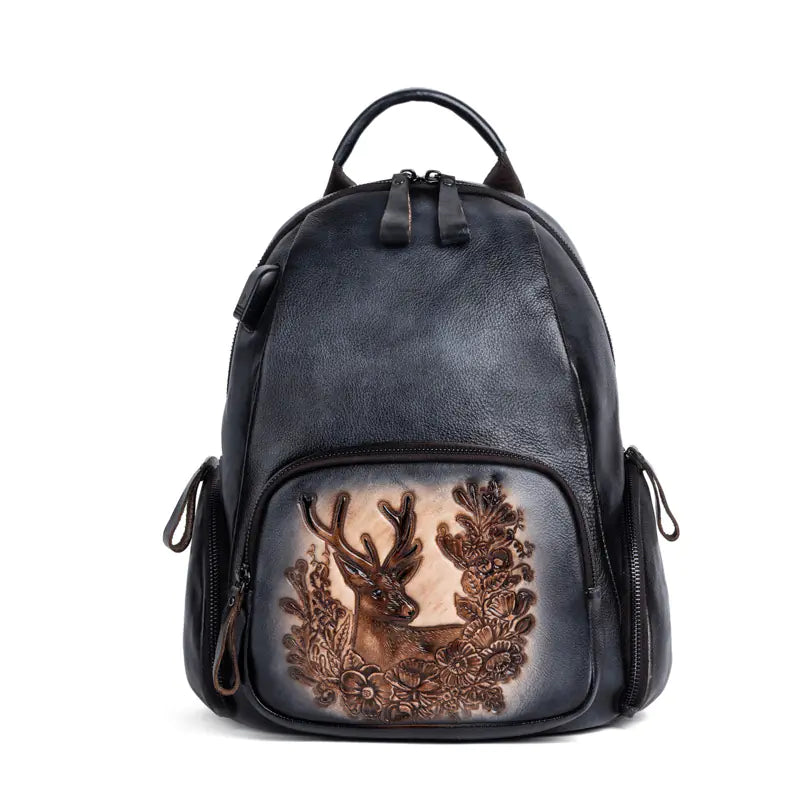 Personalized Retro Cowhide Deer Head Backpack – Vintage Leather Statement Bag