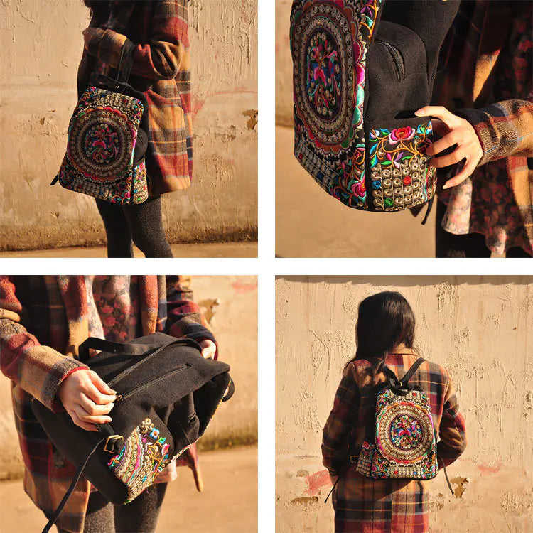 Women’s Embroidered Canvas Backpack – Dual Shoulder Everyday Bag