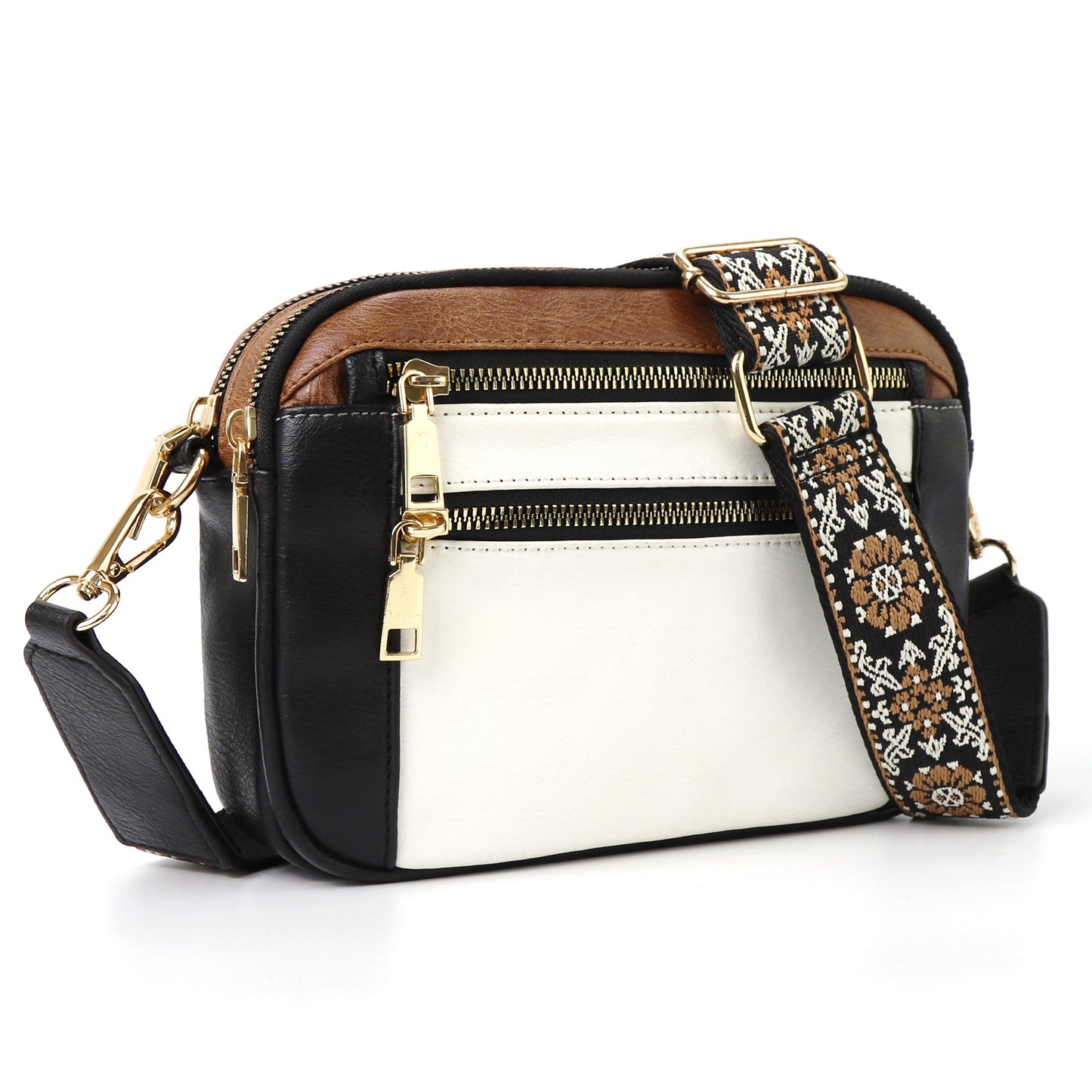 Triple-Zipper Women’s Shoulder Bag – Floral Strap Colorblock Crossbody