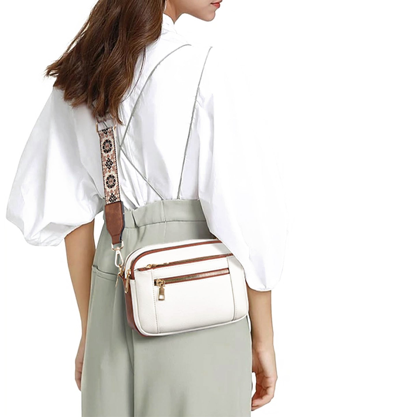 Triple-Zipper Women’s Shoulder Bag – Floral Strap Colorblock Crossbody