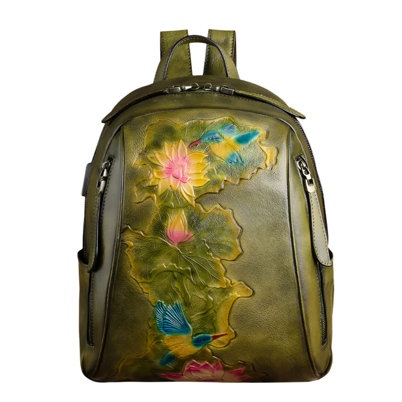 Vintage Leather Backpack with USB Port – Women's Large Capacity Embossed Bag