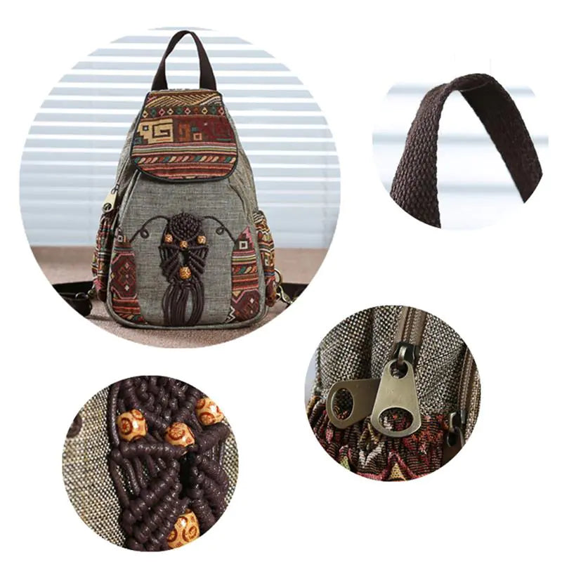 Vintage Handmade Canvas Backpack – Ethnic Style Women's Travel Bag