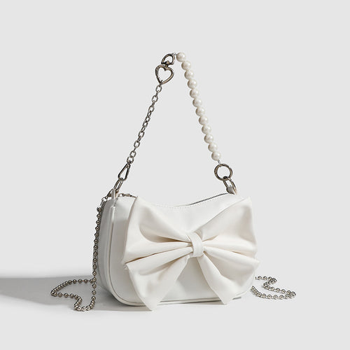 Small PU Bow Shoulder Bag – Pearl Chain Women’s Underarm Purse