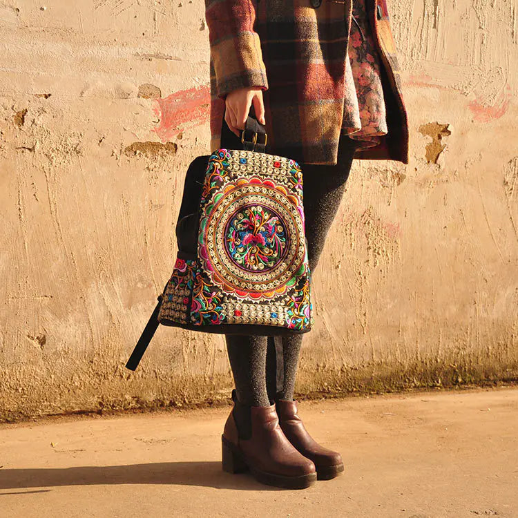 Women’s Embroidered Canvas Backpack – Dual Shoulder Everyday Bag