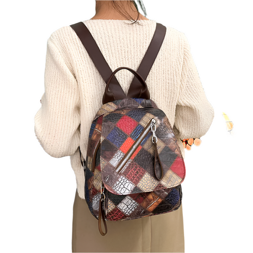 Retro Patchwork Leather Backpack – Large Capacity Drawstring Bag for Women