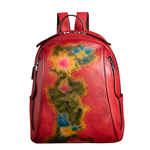 Vintage Leather Backpack with USB Port – Women's Large Capacity Embossed Bag