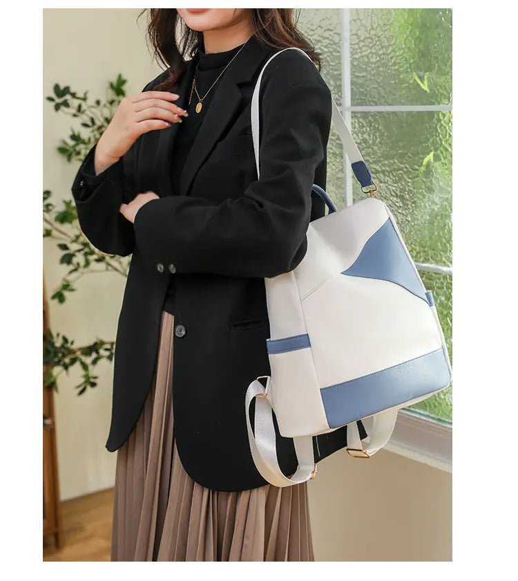 Stylish Color-Block Backpack – Lightweight Dual-Use Travel Bag for Women